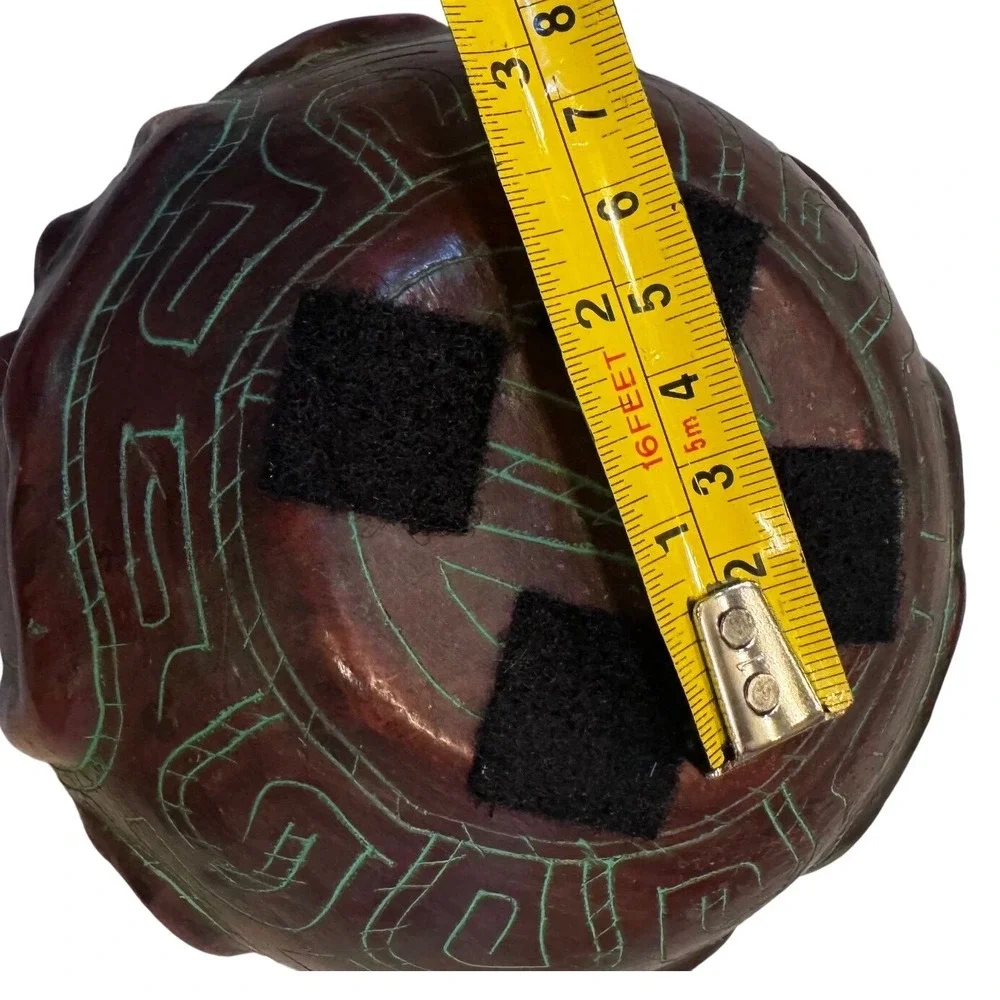 Handmade Red Clay Pottery Vessel Incised Tribal Face Design Green Accents 5